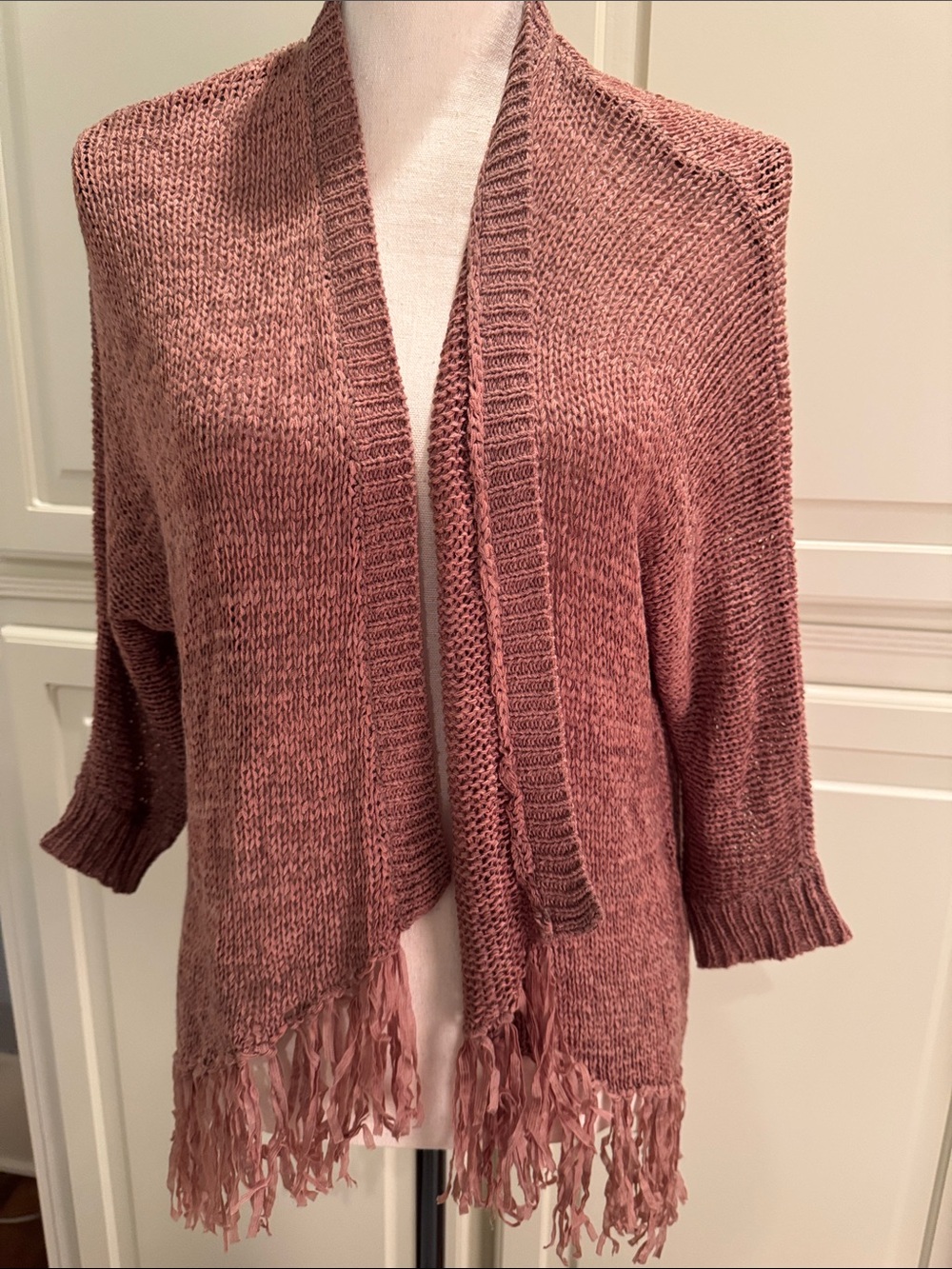 Women's Open-Front Fringe Sweater Cardigan in Dusty Rose